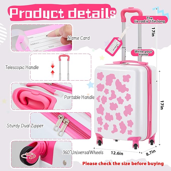 Redbaker 6 Pcs Kids Luggage Set, 17 Inch Rolling Suitcase with Backpack Lunch Bag Neck Pillow, Pink and White Cow Travel Set for Summer Vacation Sleepover Back to School Gift - Image 2