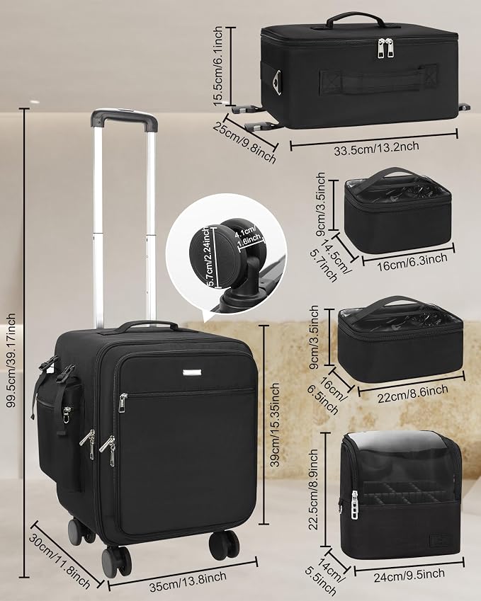 Relavel Rolling Makeup Case Professional Makeup Train Case, Rolling Makeup Kit Bag Makeup Artist Travel Bag with Wheels, 4-in-1 Portable Travel Beauty Trolley Case for Cosmetology Storage(Black) - Image 2