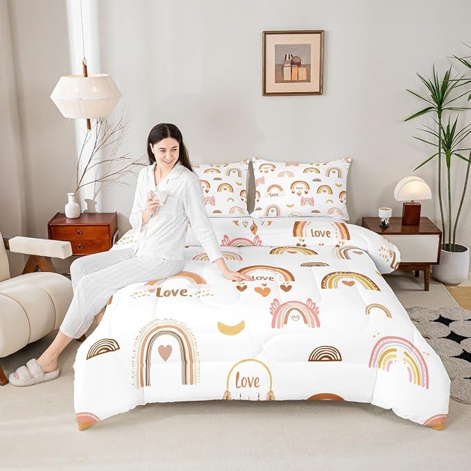 Kids Rainbow Duvet Insert, Kawaii Decor Comforter Set Queen For Kids Girls Boys, Cartoon Love Heart Bedding Set Cloud And Moon Hand Drawn Duvet Sets Soft Microfiber Comforter + 2 Pillow Cases - Image 2