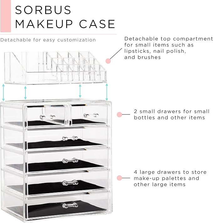 Sorbus Acrylic Makeup Organizer Set, 6-Drawer Vanity & Countertop Cosmetic Storage with Small & Wide Compartments, Clear Makeup Storage for Brushes, Jewelry – Holiday Gift for Women & Teens - Image 4