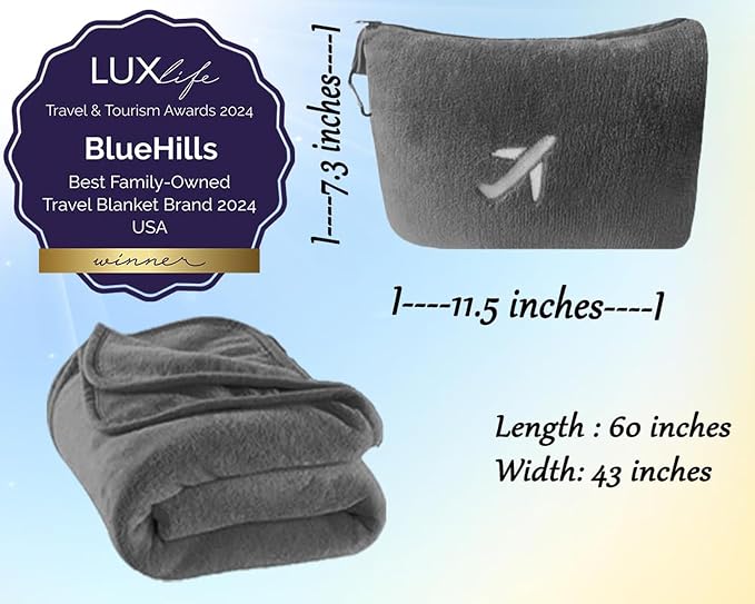BlueHills Premium Soft 2 Pack Plush Mini Travel Blanket Pillows Combo Gray | Airplane Blanket in Bag, Compact Case, Luggage Belt, Backpack Clip, Long Flight Essentials, Lightweight, RV, Plane Warm Gift - Image 4