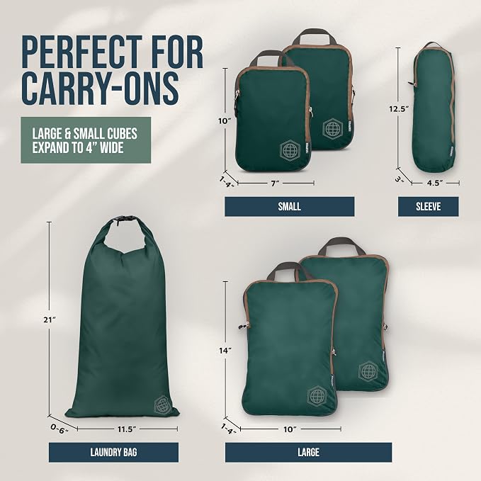 Compression Packing Cubes for Travel, 6-Piece Lightweight Packing Cubes Set for Carry-On Luggage & Backpacks – TRIPPED Travel Gear (Green and Brown) - Image 4