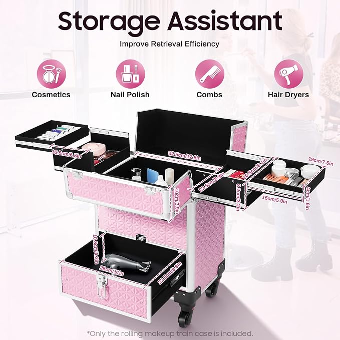 Professional Rolling Makeup Train Case Makeup Storage Organizer Cosmetic Trolley - Image 5