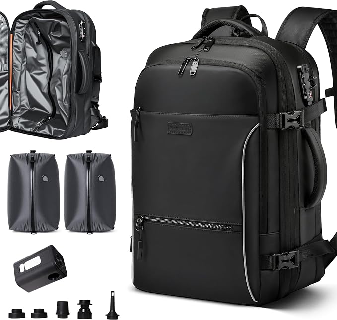 Vacuum Backpack Travel, 70L Expandable Carry On Backpack With Compression System, 2 Detachable TPU Vacuum Bags, TSA Lock, Water-Resistant, Fits 16" Laptop for Business & Travel by Unknown