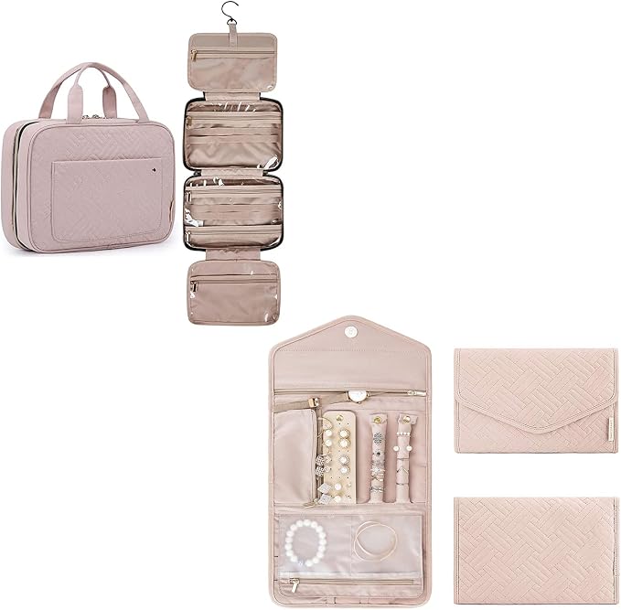BAGSMART Large Toiletry Bag Travel Bag with Travel Jewelry Organizer Roll Pink by BAGSMART