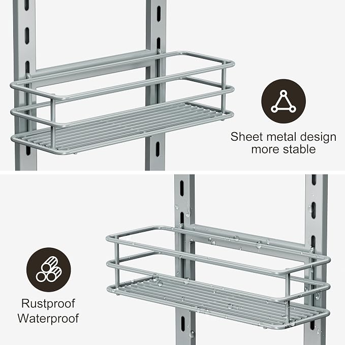 Orimade Adjustable Anti-slip Shower Caddy Overhead, Rustproof Hanging Shower Organizer With 2 Razor Hooks - No Drilling, 3-Tier Shelves, Silver Grey - Image 5