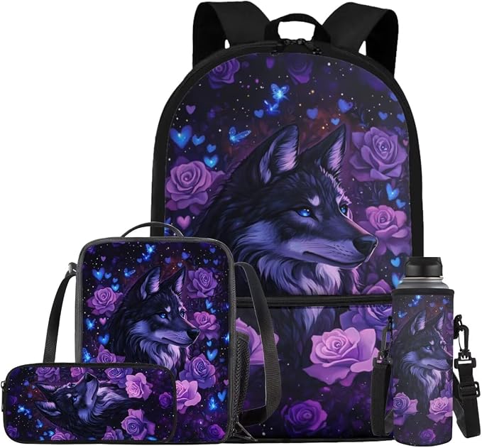 Aesthetic Wolf Backpack for Girls Kids Backpack with Lunch Box Water Bottle Holder with Strap and Big Pencil Case 4PCS Sturdy Bookbag with Front Pocket for School 17" Lightweight School Bag by ELEDIZI