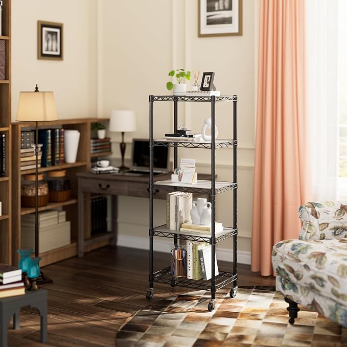 Golpart Small 5 Tier Shelves Storage Wire Shelving Unit Metal Shelf Adjustable Organizers Storage Shelving with Wheels for Bathroom Laundry Room Kitchen Pantry11.7”D x 17.7”W x 57.2”H Black - Image 8
