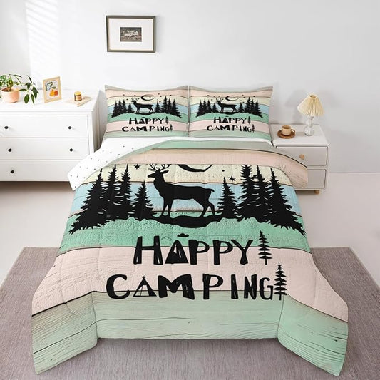 Camper Decor Quilt Bedding For Full Rustic Farmhouse Camping Comforter Set Woodland Animal Deer Rv accessories Bedding Sets Gifts For Teen Boys Girls Black Green Wooden Board Bunks Decor 2 Pillowcases by Erosebridal