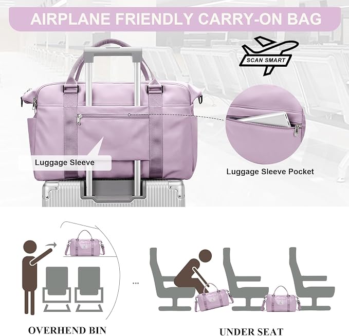 Travel Duffel Bag, Carry On Overnight Weekender Bags for Women | Travel Bag with Wet Pocket & Trolley Sleeve, For Spirit Airlines 18x14x8 Personal Item Bag - Image 6