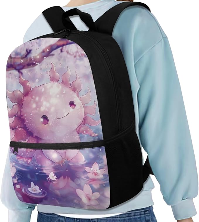 Cherry Blossom Axolotl Backpack for Girls Kids Backpack with Lunch Box Water Bottle Pouch and Kawaii Pencil Case 4PCS Set Cute Bookbag with Front Pocket 17" School Bag for Elementary Girls - Image 2