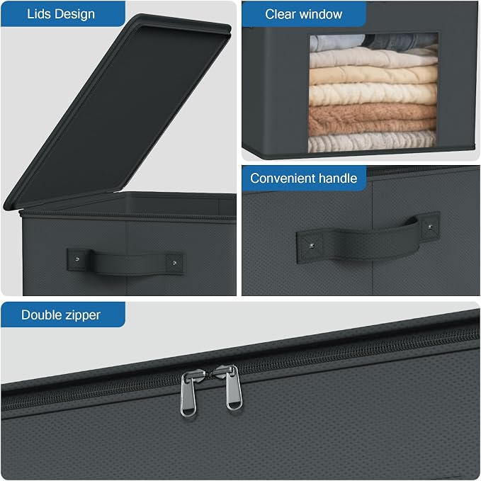 Zilink Fabric Organizer Bins with Lids 4-Pack Collapsible Stackable Storage Bins with Zipper & Clear Window Closet Organizer Storage Bins for Home, Office, Bedroom (Dark Grey,17" x 12" x 12") - Image 3