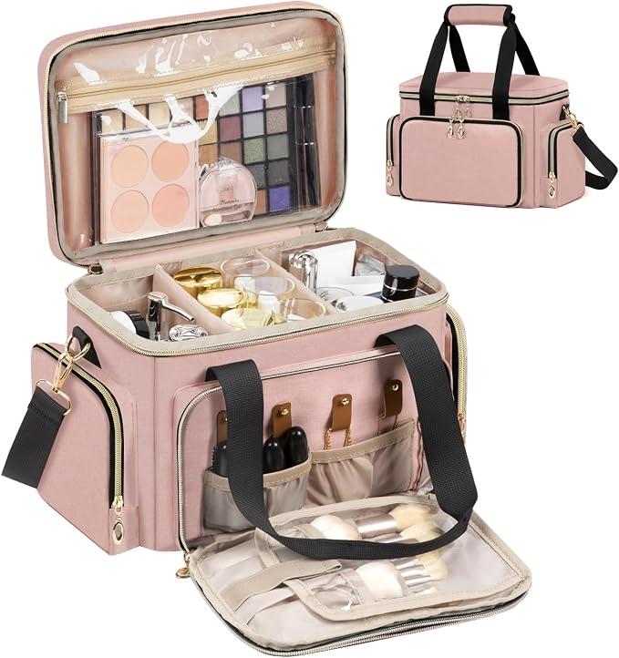 GDNasist Large Makeup Bag, Portable Travel Makeup Bag Organizer for Women Girls with Removable Shoulder Strap & Detachable Dividers, Cosmetic Travel Bag, Toiletry Bag for Makeup by GDNasist