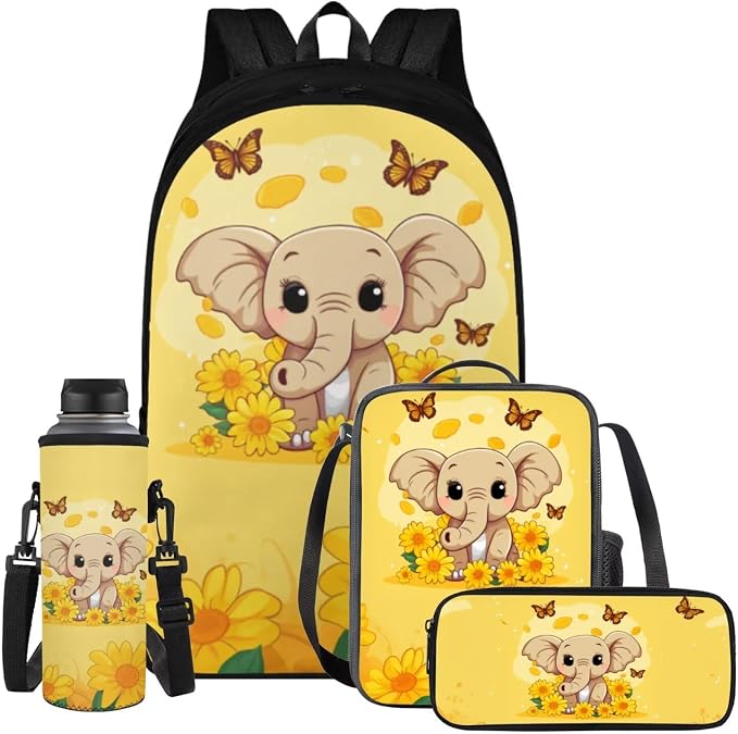Sunflower Elephant Backpack for Girls Kids Backpack with Lunch Box Water Bottle Pouch and Cute Pencil Case 4PCS Set Bookbag with Compartments 17 inch Kawaii School Bag for Elementary Girls by ELEDIZI