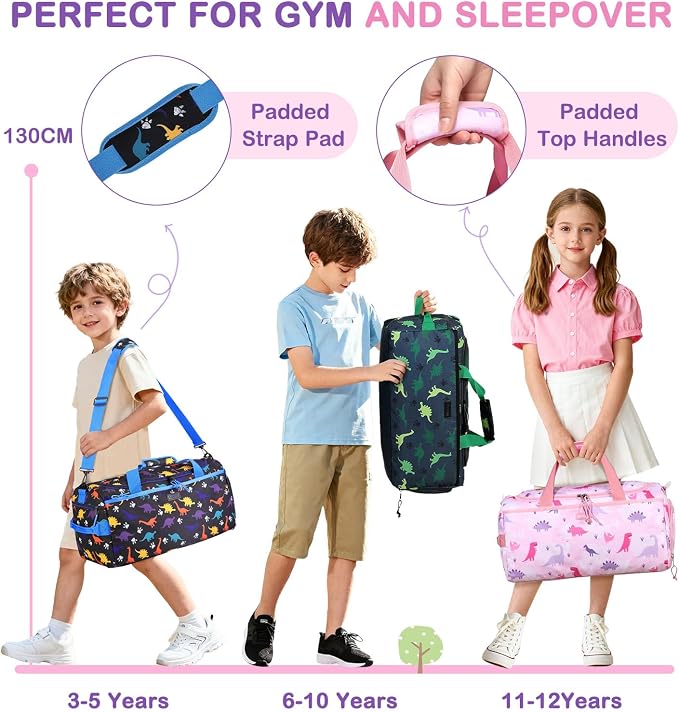 Kids Duffle Bag,VASCHY Travel Bag for Toddler Children Girls Water Resistant Overnight Duffel Ballet Dance Sport Carry On Weekender with Shoes Compartment Dry Wet Pocket Pink Dinosaur - Image 7