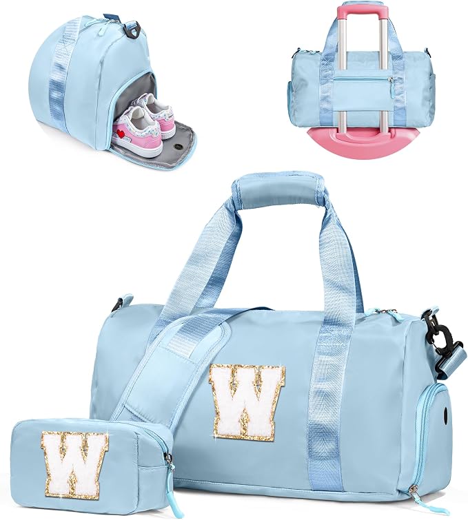Gifts for Girls-Girl Gym Bag with Shoe Compartment, Kid Personalized Weekender Overnight Bags, Initial Travel Tote with Makeup Pouch, Gift Ideas for Niece Sister (Letter W) by Vogewood