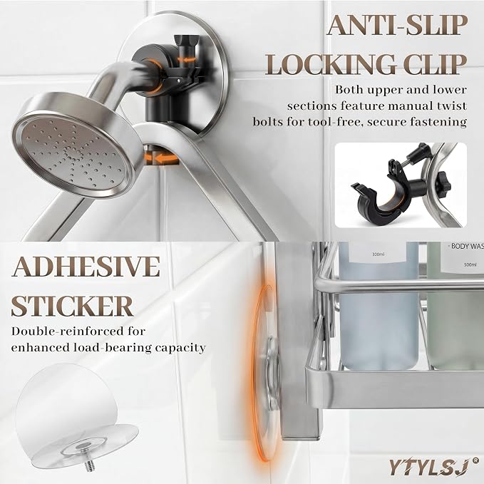 4-Tier Hanging Shower Caddy for Handheld Showerhead, Heavy-Duty Stainless Steel with Dual-Rotating Clamp, Silver - Image 3