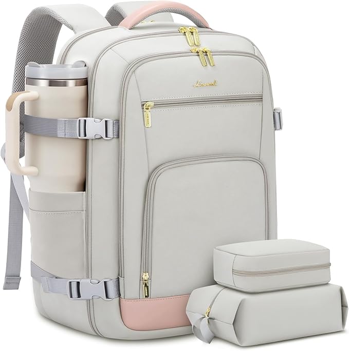 LOVEVOOK Travel Backpack for Women, 40L Carry On Backpack Flight Approved, TSA Personal Item Travel Bag Fits 17 Inch Laptop, Business Weekender Overnight Waterproof Daypack with 2 Cubes, Grey-Pink by LOVEVOOK