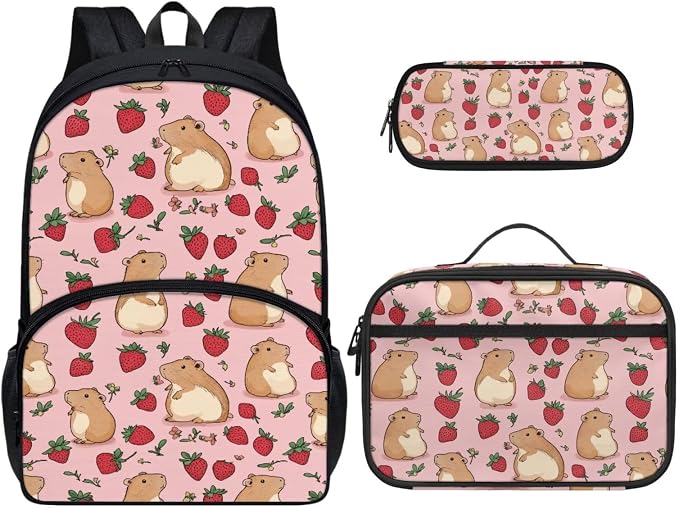 Capybara Backpack with Lunch Box Cute Strawberry Backpack for School Girls 2nd Grade and Lunchbox Pencil Case Large Capacity Kids School Bag Lunch Bag Set, 3-in-1 by Dremagia