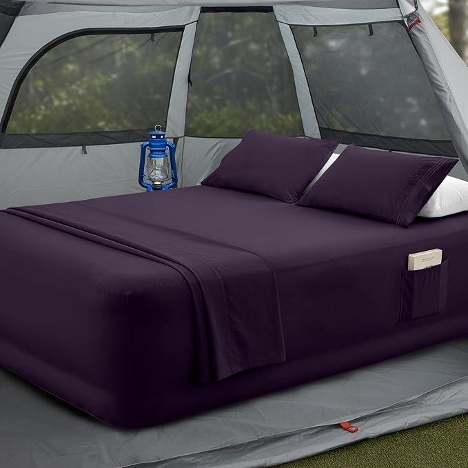 Mocassi 4-Piece Extra Deep Pocket 16-24 Inch Air Mattress Bed Sheet Set- 4PC Sheet Set with Smart Pockets Ideal for Air Beds, RVs, Camping and Guest Rooms Premium Hotel Quality, Queen, Purple by MocassiLuxuryBedding