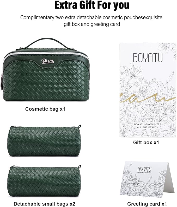 BOYATU Travel Makeup Bag Cosmetic Bags for Women: Large Capacity 3 Pcs Set Make up Bag with Compartments - Waterproof Vegan Leather Toiletry Organizer Bags with Handle (L06 Olive) - Image 5