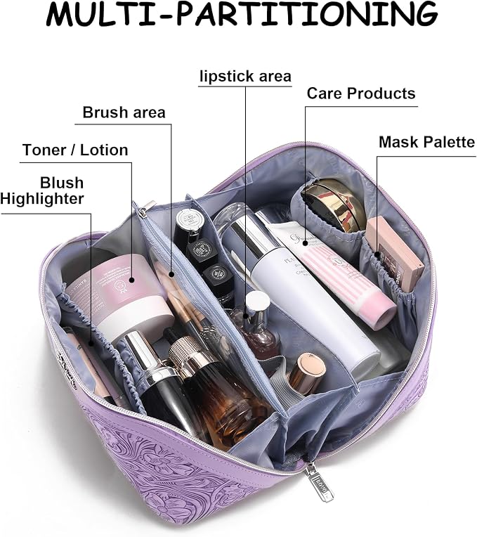 BOYATU Travel Makeup Bags Cosmetic Organizer Bag: 3 Pcs Set Large Capacity Floral Make up Bag with Compartments - Waterproof Leather Toiletry Bags with Handle for Women (21-Purple) - Image 3