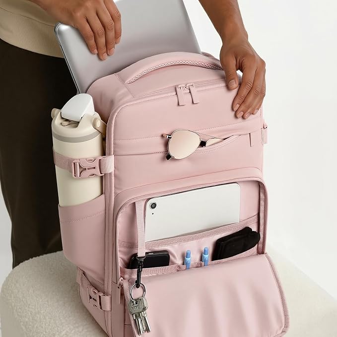 mibasies 30L Travel Backpack for Women & Men: Flight Approved Carry On Backpack, TSA Personal Item Bag with Water Bottle Pocket, Weekender Essentials Backpacks fits 15.6" Laptop - Pink - Image 7