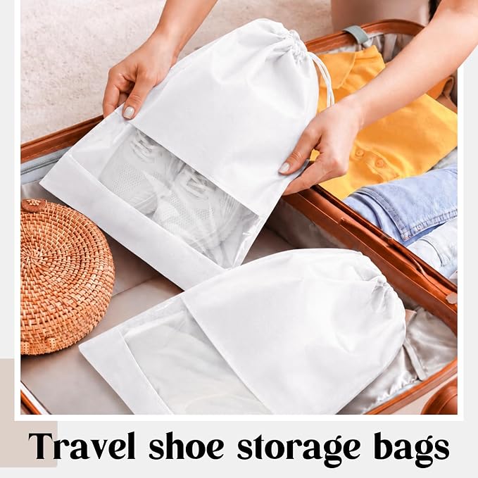Shappy 50 Pcs White Travel Shoe Bags Non Woven Packing Drawstring Sacks Clear Window Large Storage Pouch Organizer for Men Women - Image 5