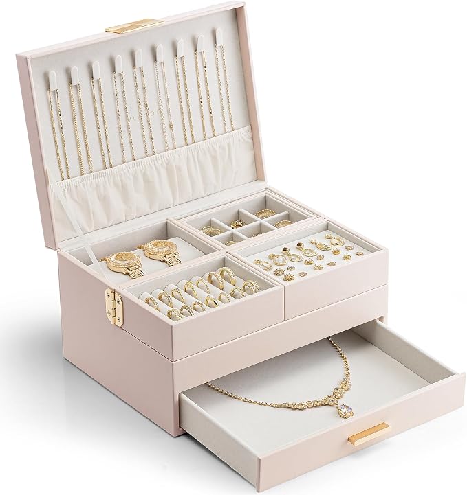 VLANDO 3 Layer Jewelry Box - Women Jewelry Box with Retractable Tray - Jewelry Organizers with Drawer for Necklaces, Rings, Bracelets, Earrings, Gift for Couples Mom Girls - Pink by VLANDO