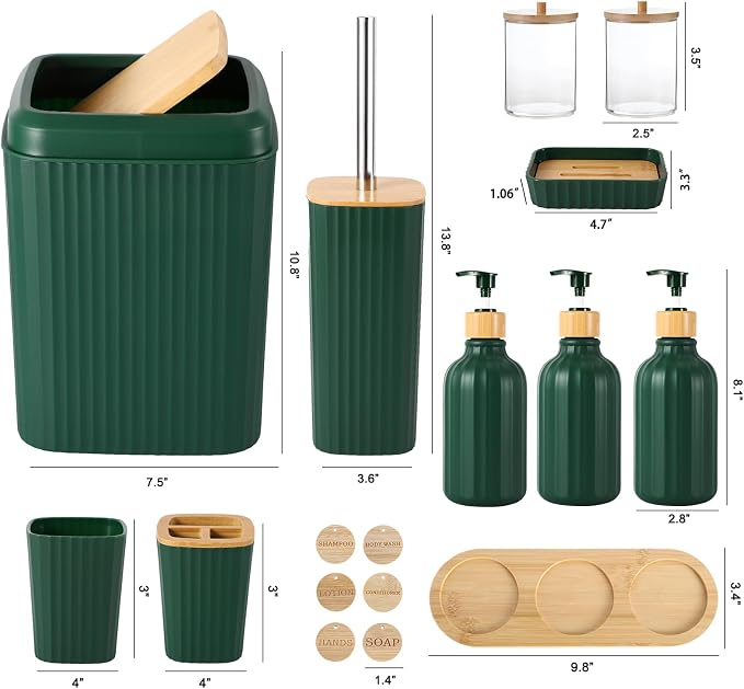 XLHOMO Bathroom Set 17PCS Bathroom Accessories with Trash Can 3PCS Lotion Soap Dispenser,Bathroom Accessories Set Green Bathroom Sets for Bathroom Decor - Image 6