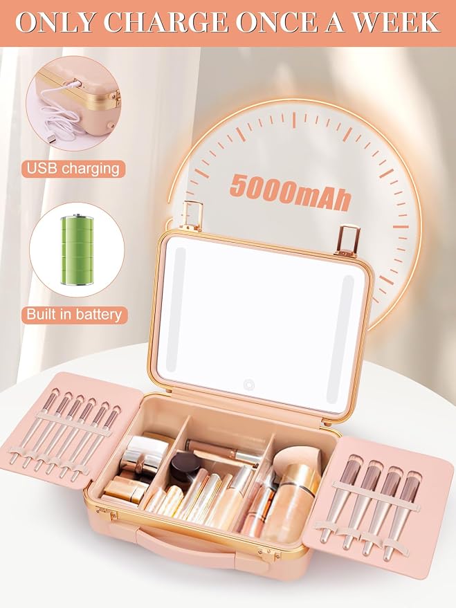Kalolary Travel Makeup Train Cases with Lighted Mirror 3 Color Setting | Makeup Bag Cosmetic Case Organizer Adjustable Brightness Portable Makeup Storage Box For Makeup Brushes Accessories,Pink - Image 5