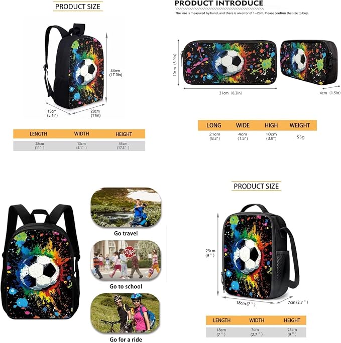 Mumeson Football Student 17 inch Backpack Schoolbag Set Rucksack for Girl Boys Large Capacity Organizer Book Bags with Insulated Thermal Lunch Bag Small Pencase - Image 5