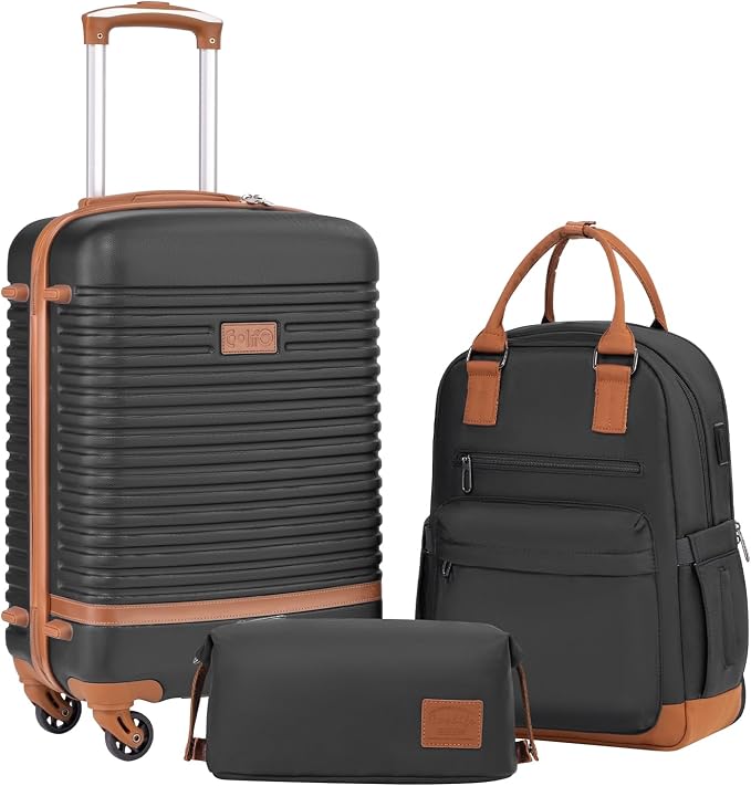 Coolife 3 Piece Luggage Carry On Suitcase Hardside TSA Lock,Black(BP/TB/20) | 360° Spinner Wheels;Multi-Functional Pockets with USB;Smart Trolley Sleeve;Water-Resistant Fabric;Lightweight ABS by COOLIFE
