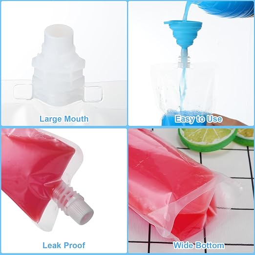 Patelai 150 Pieces Plastic Liquid Pouch Reusable Juice Pouches Travel Water Leak Proof Bags Bulk with Collapsible Silicone Funnel for Travel Outdoor (12 oz) - Image 2