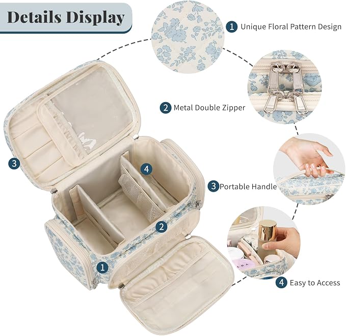 Bagmoly Large Cotton Makeup Bag, Quilted Floral Makeup Bag Organizer for Women Girls with Makeup Brush Compartment & Two Side Pockets, Cosmetic Travel Bag Vertical Storage- Blue Flower - Image 2