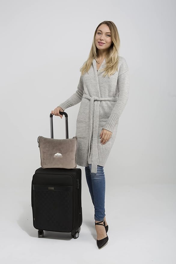 BlueHills Premium Soft Travel Blanket Pillow 2 in 1 Airplane Flight Taupe | Must Have Airplane Essentials, Luggage Belt & Carabiner, Matching Soft Case, 2 in 1 Travel Blanket Pillow Combo, Travel Gift - Image 7