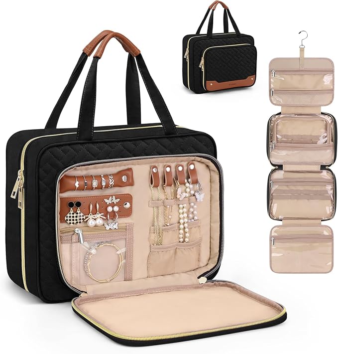 Wedama Toiletry Bag for Women, Hanging Travel Toiletry Bag with Jewelry Organizer Compartment Large Makeup Bag, PVC Waterproof Cosmetic Travel Bag for Travel Business Trips Camping Bathroom, Black by Wedama