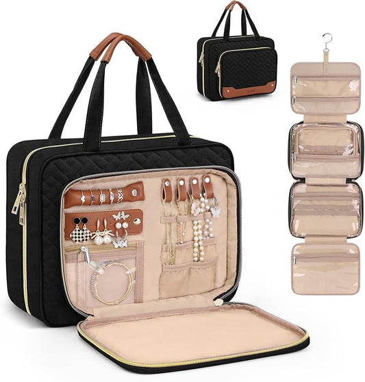 Wedama Toiletry Bag for Women, Hanging Travel Toiletry Bag with Jewelry Organizer Compartment Large Makeup Bag, PVC Waterproof Cosmetic Travel Bag for Travel Business Trips Camping Bathroom, Black by Wedama