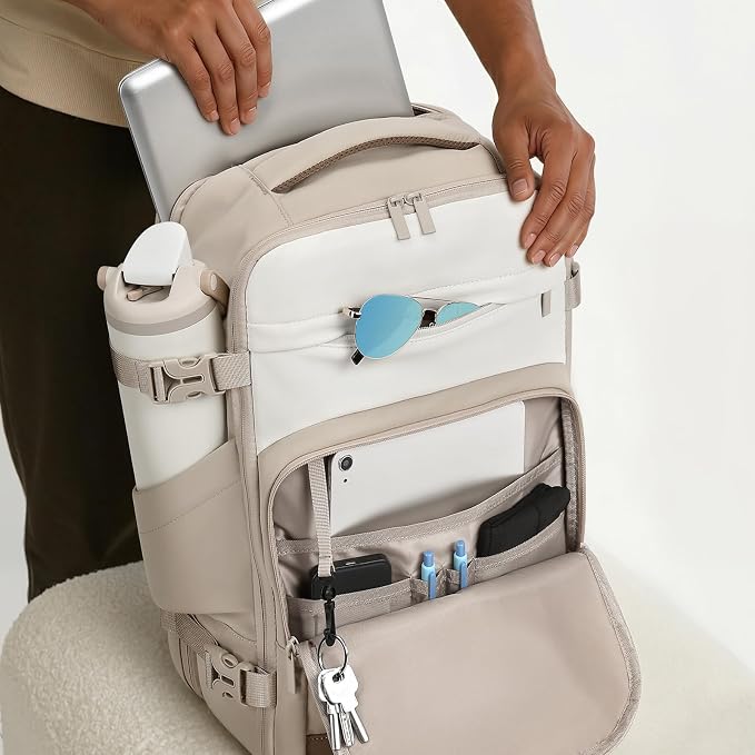 mibasies 30L Travel Backpack for Women & Men: Flight Approved Carry On Backpack, TSA Personal Item Bag with Water Bottle Pocket, Weekender Essentials Backpacks fits 15.6" Laptop - Khaki Ivory - Image 7