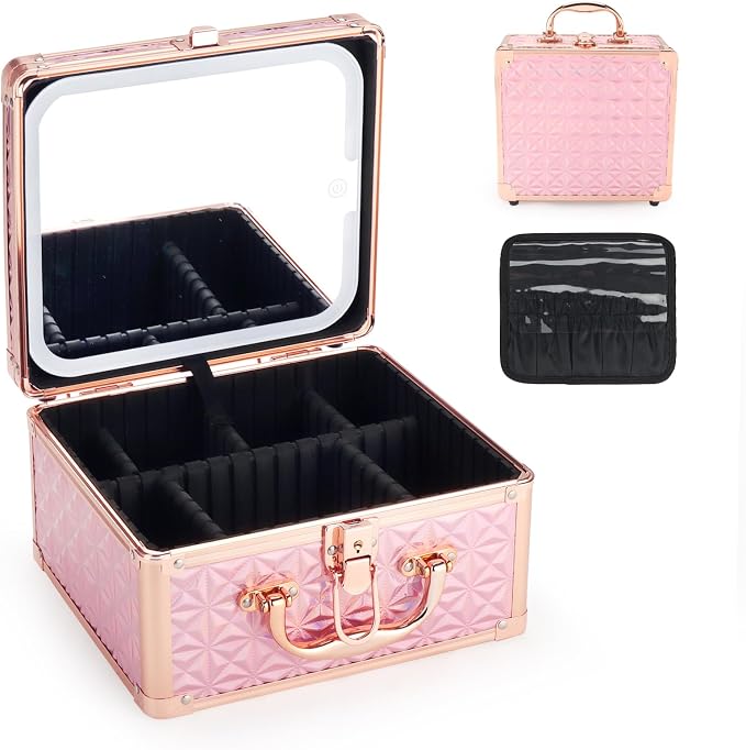 Makeup Case with LED Mirror, Portable Lockable Vanity Case, Travel Makeup Train Box for Women, Cosmetic Organizer, Detachable 3-Color Lighted Mirror, Adjustable Dividers, Brush Holder by Unknown