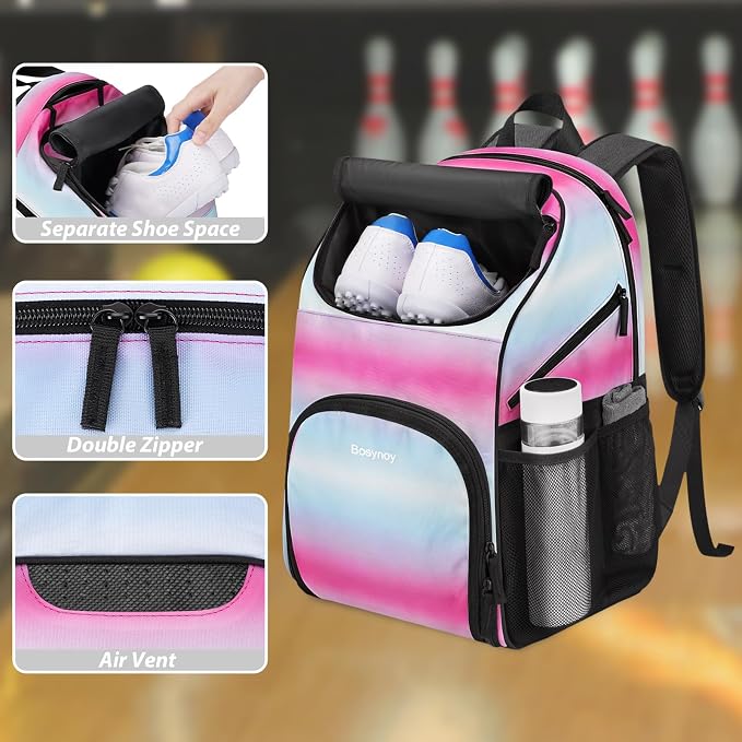Bosynoy Bowling Backpack, Single Bowling Ball Bag with Shoe Compartment | Bowling Bag Totes with Foam Padded Protection, Fits Shoes Up to US Mens Size 16 and Accessories, Grey - Image 5