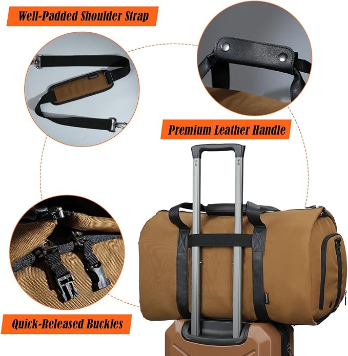 WELKINLAND 2-Suit Garment Duffle Bags for Travel Men, 60L-Large Carry on Garment Duffel Bag, Convertible Garment Duffel Bag w/Shoe Compartment, Foldable Garment Bags for Hanging Clothes Travel - Image 6