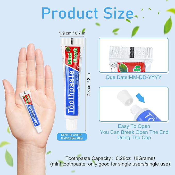 0.28 oz Small Travel Size Toothpast Bulk - Pack of 200,Disposable Mint Flavor 0.8x3.14 inches Single Use Mini Toothpaste for Hotel,Camping,Homeless,Charity,Guests,Office,Vacation