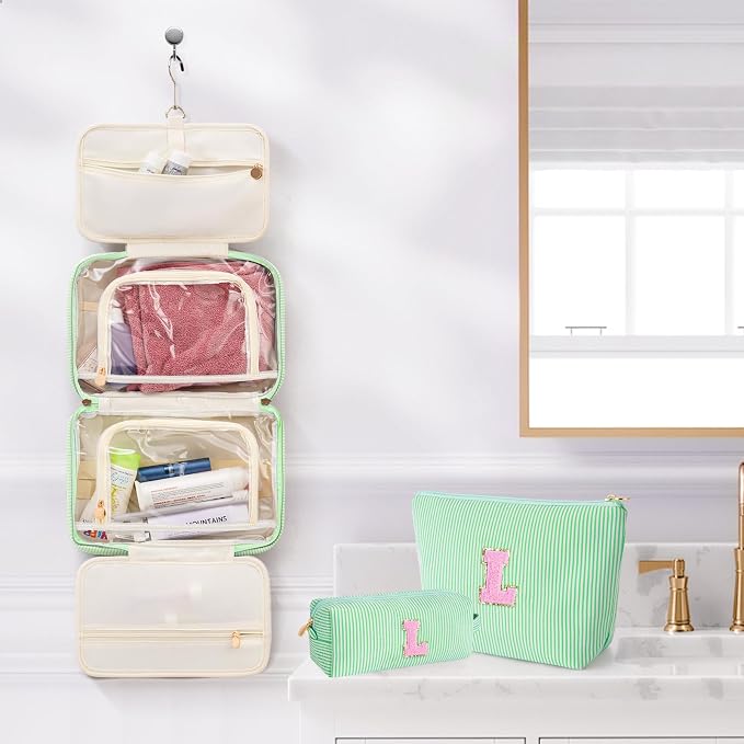 Gifts for Teen Girls Women - Travel Hanging Toiletry Bag & Makeup Bag - Personalized Initial Cosmetic Bag | Birthday Gift for Girl Trendy Stuff - Green L - Image 5
