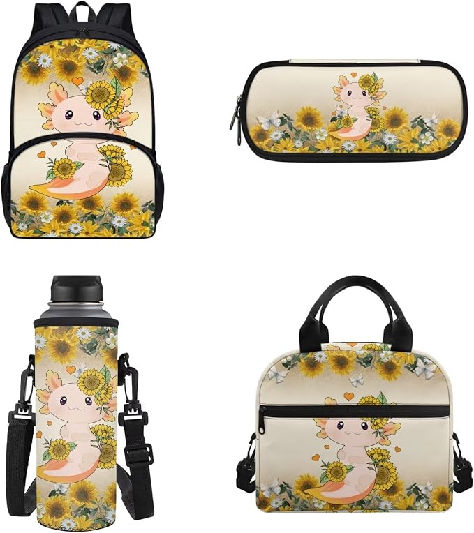 POLERO Cute School Bag Bookbag for Teen Girls Sunflower Axolotl Backpacks with Lunch Box Toddler Kindergarten School Bags Set by WelcometoPOLERO