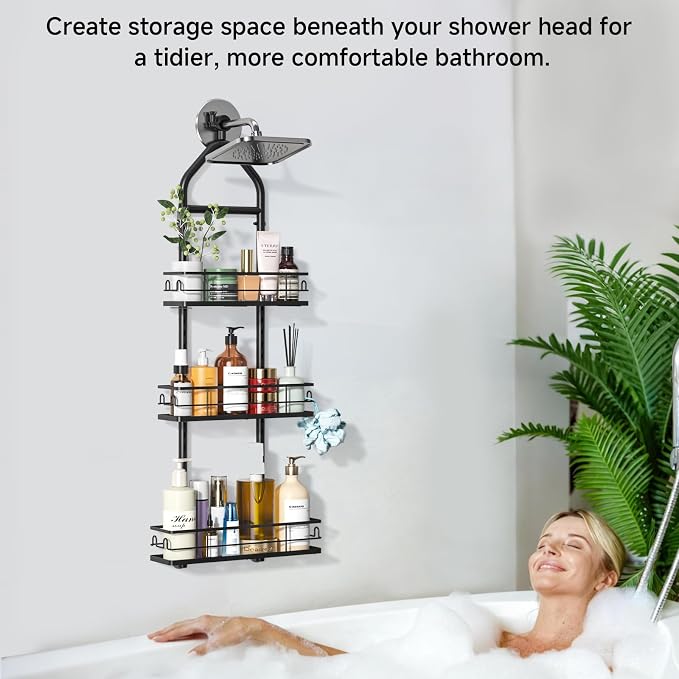 3 Tier Hanging Shower Head Caddy, Adjustable Hanging Shower Caddy Over Showerhead, Standing Shower Caddy No Drilling Handing Racks Rustproof for Bathroom Shampoo Soap Storage - Image 2