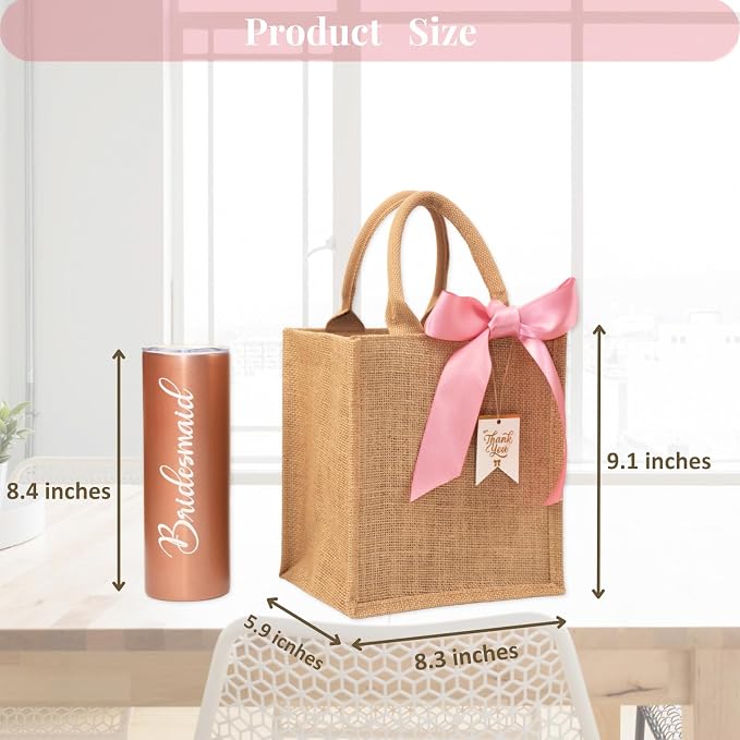 10 Pack Bridesmaid Bachelorette Gift Bags，Bulk Small Burlap Jute Tote for Wedding Welcome Bridal Shower with Pink Ribbon - Image 7