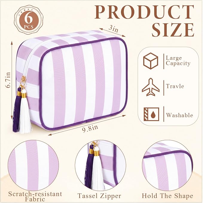 Kacctyen 6 Pack Lavender Purple and White Striped Makeup Bag bulk with Tassel Travel Cosmetic Pouch Organizer Large Zipper Toiletry Case for Women Aesthetic Storage Pouch Mahjong Tile Bag - Image 2