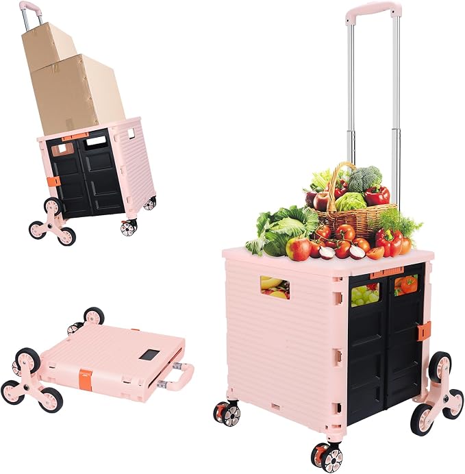 FELICON SELORSS Folding Utility Climber Cart Portable Rolling Crate-Pink | Stair Climbing Wheels+360°Swivel Wheels,Telescoping Handle,Plastic Box Dolly for Travel Shop Move Laundry Office Teacher Use by FELICON