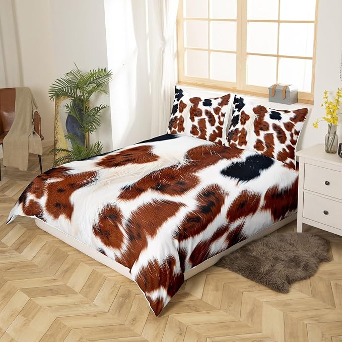 Brown Cow Print Bedding Set Africa Wild Animal Highland Cow Fur Print Comforter Cover for Adult Women Boys Soft All Season Duvet Cover Highland Milk Cow Farm Bedding Collections, Queen Size - Image 2